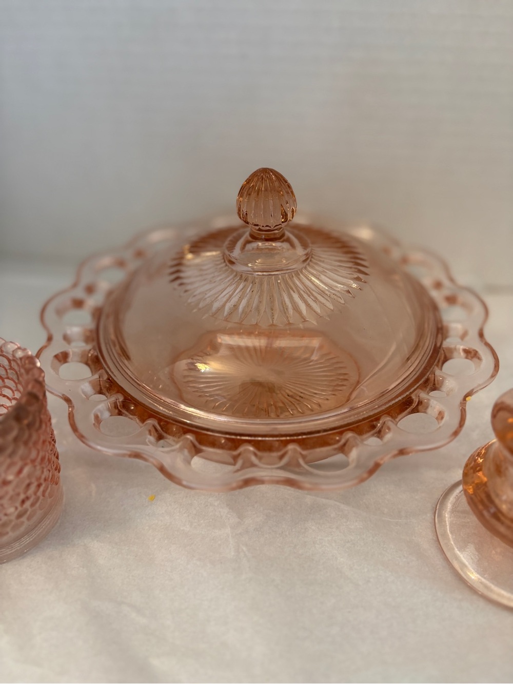 Anchor Hocking Lace Edge buyter dish, single candle stick holder,  votive